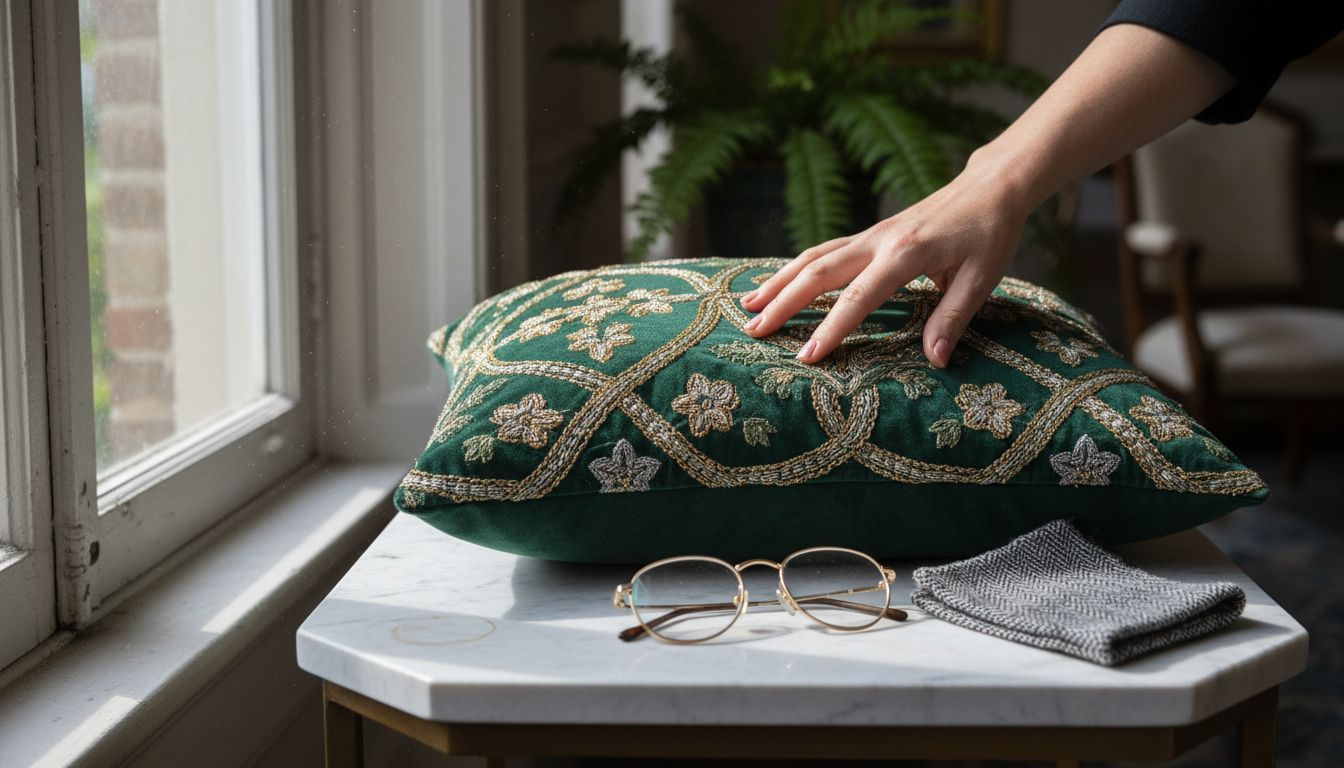 Hand examining embroidery on velvet designer cushion