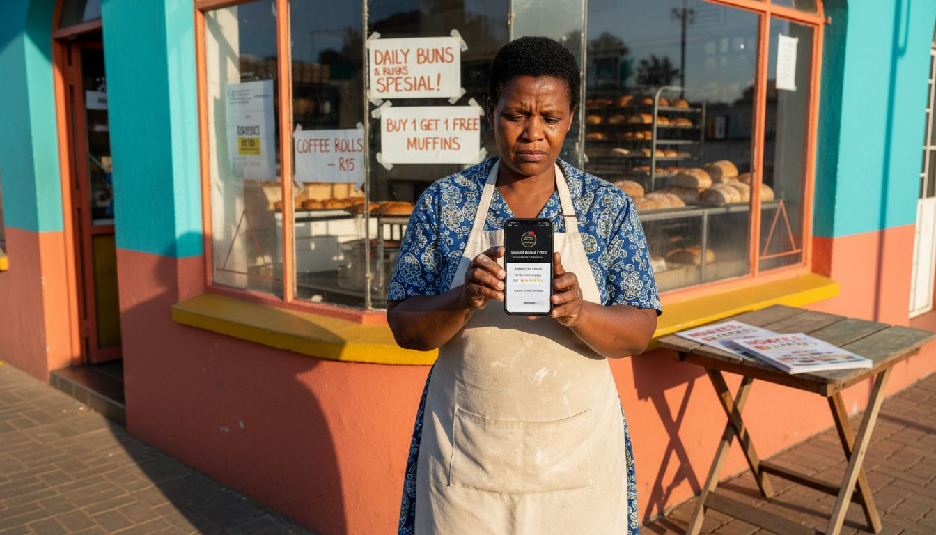 Bakery owner checking online business listing