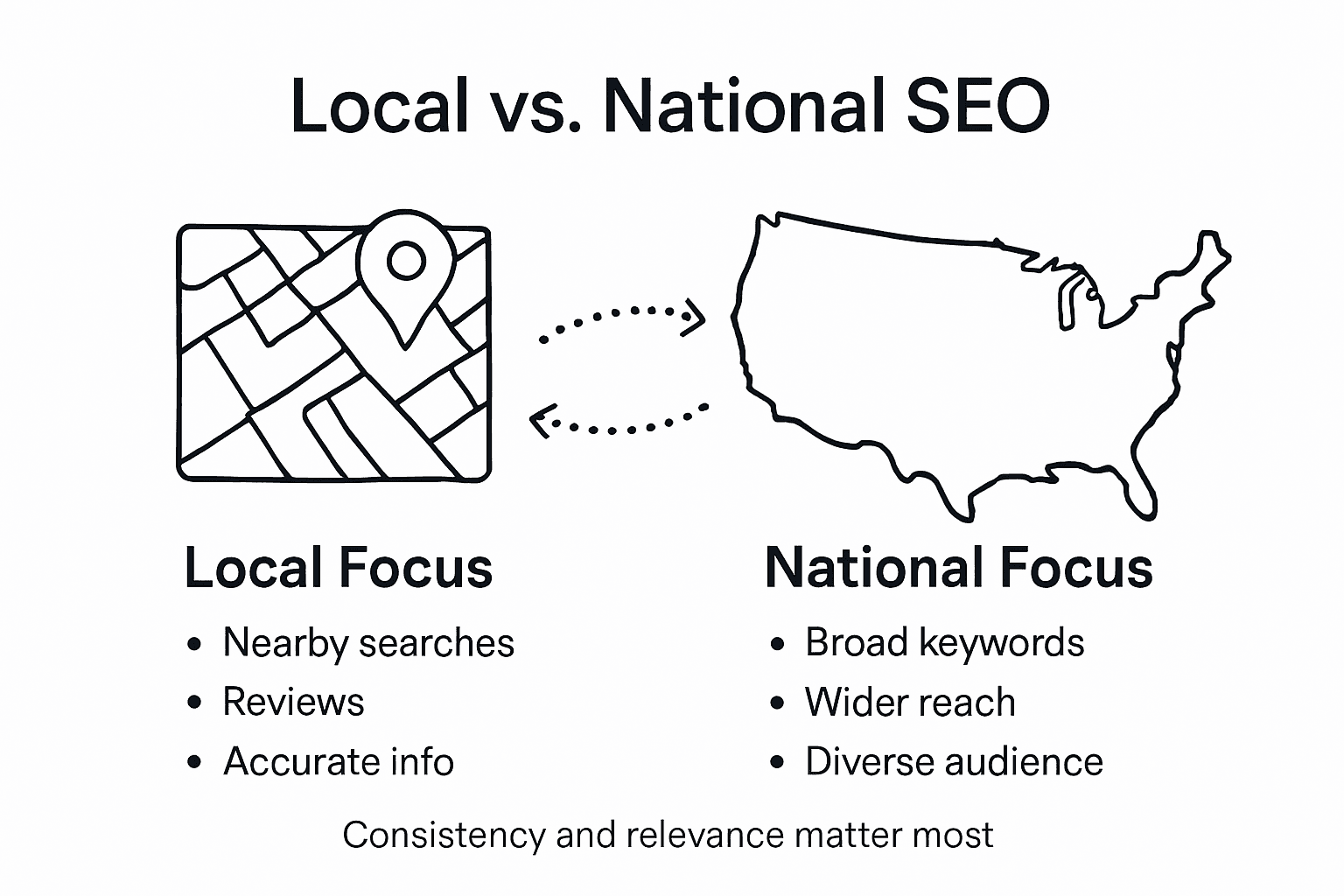 Infographic comparing local and national SEO essentials