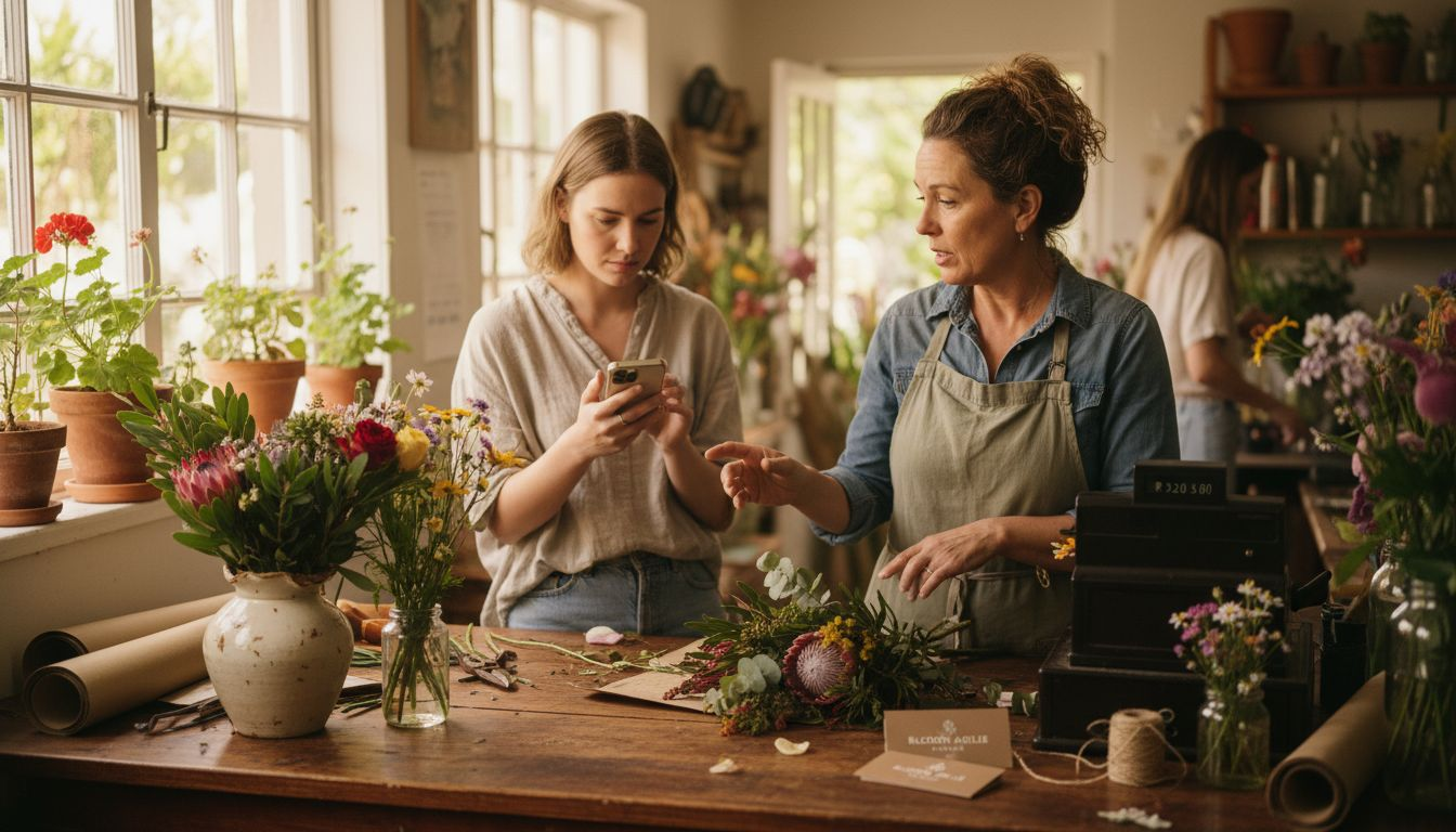 Florist and customer in busy local South African shop