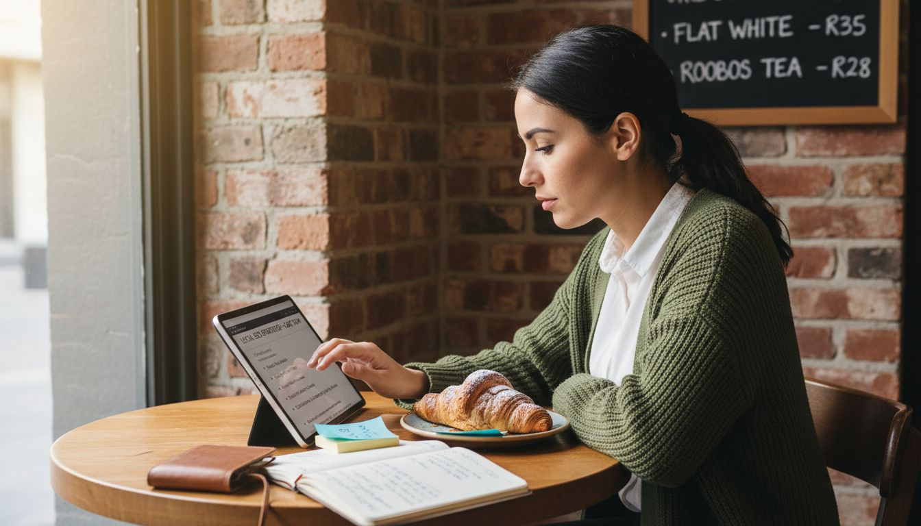 Entrepreneur writing local SEO content in cafe
