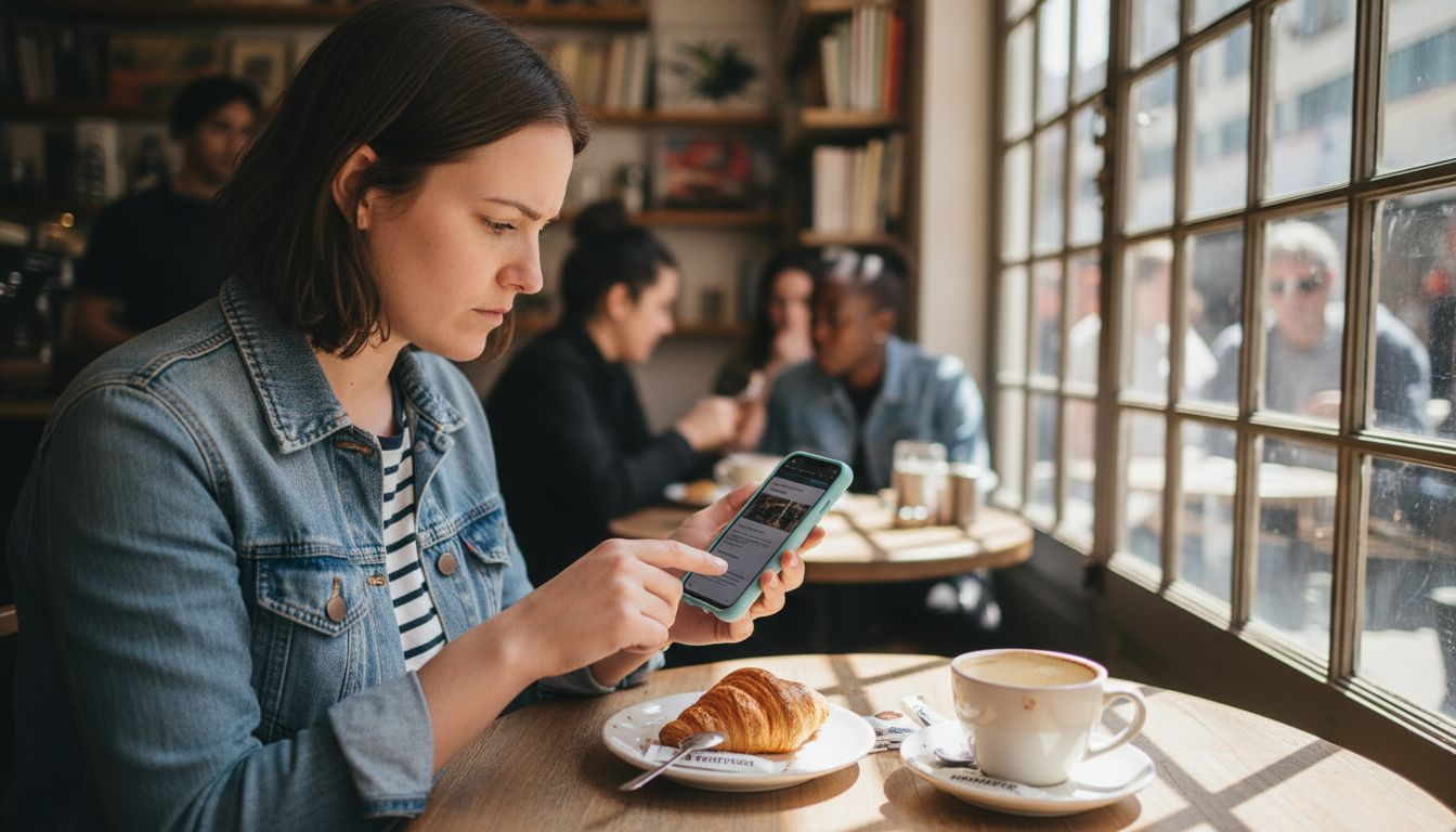 Person scanning local business website in café