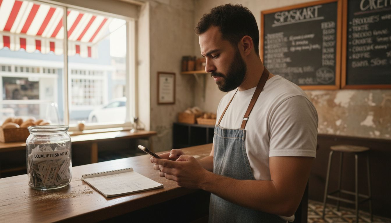 Bakery owner checking online customer reviews