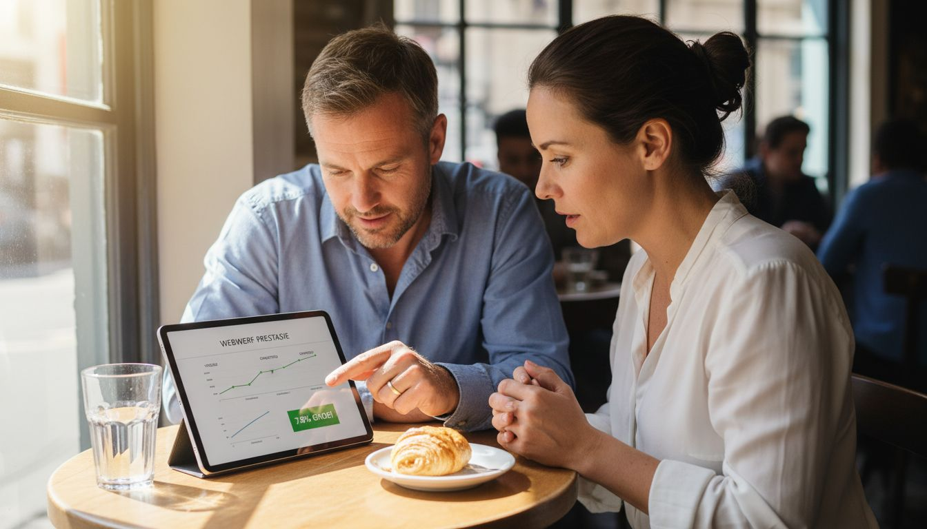 SEO consultant showing website stats to owner