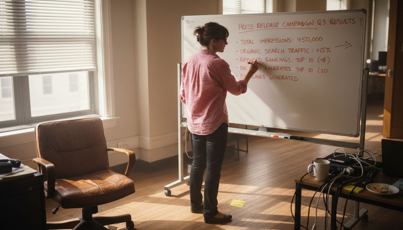 Woman reviews SEO press release metrics