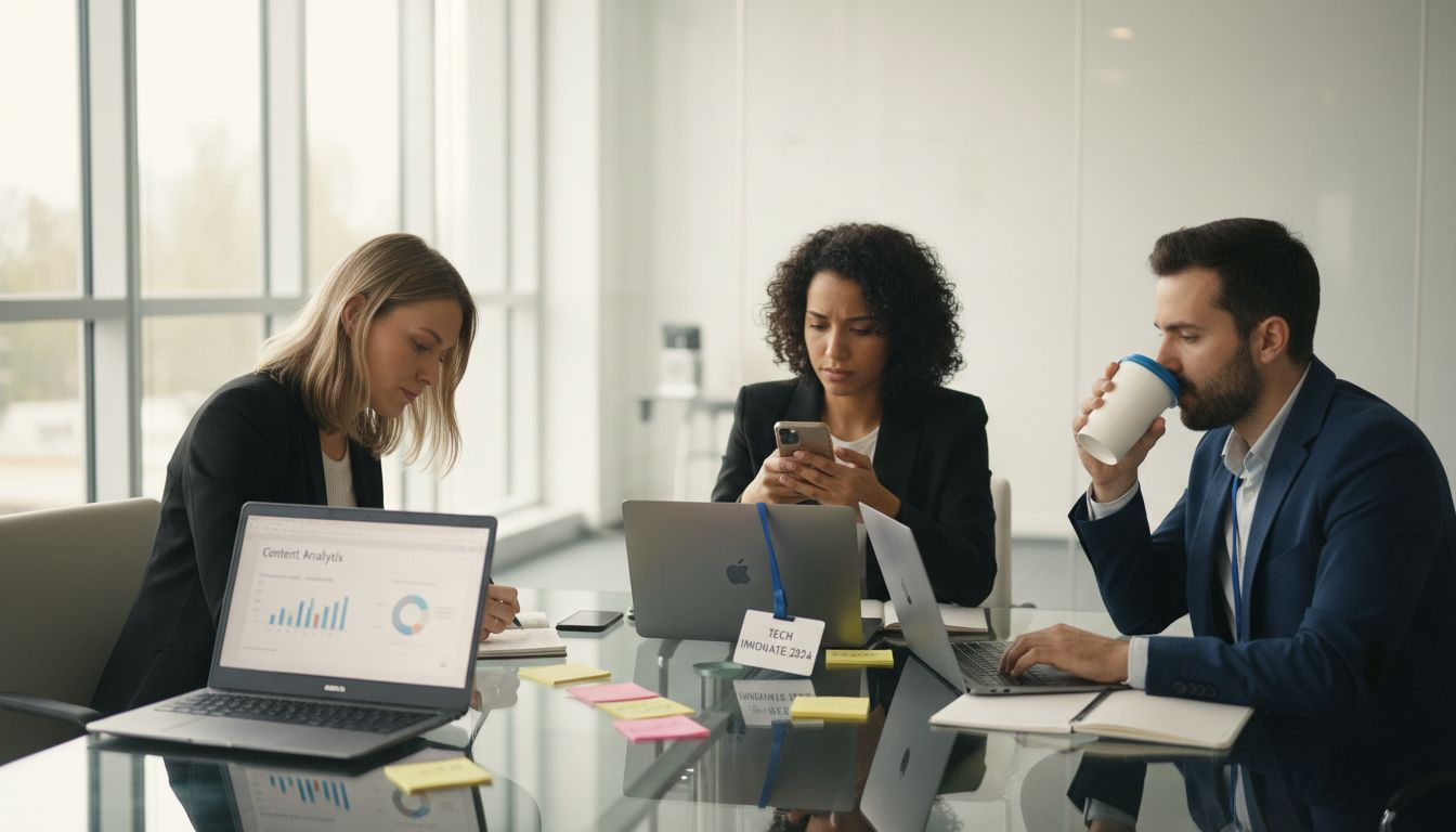 Coworkers discussing content strategy analytics