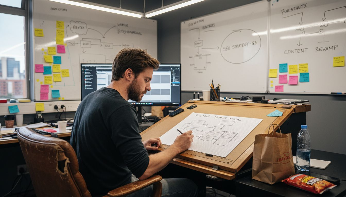 Designer sketching website hierarchy on desk