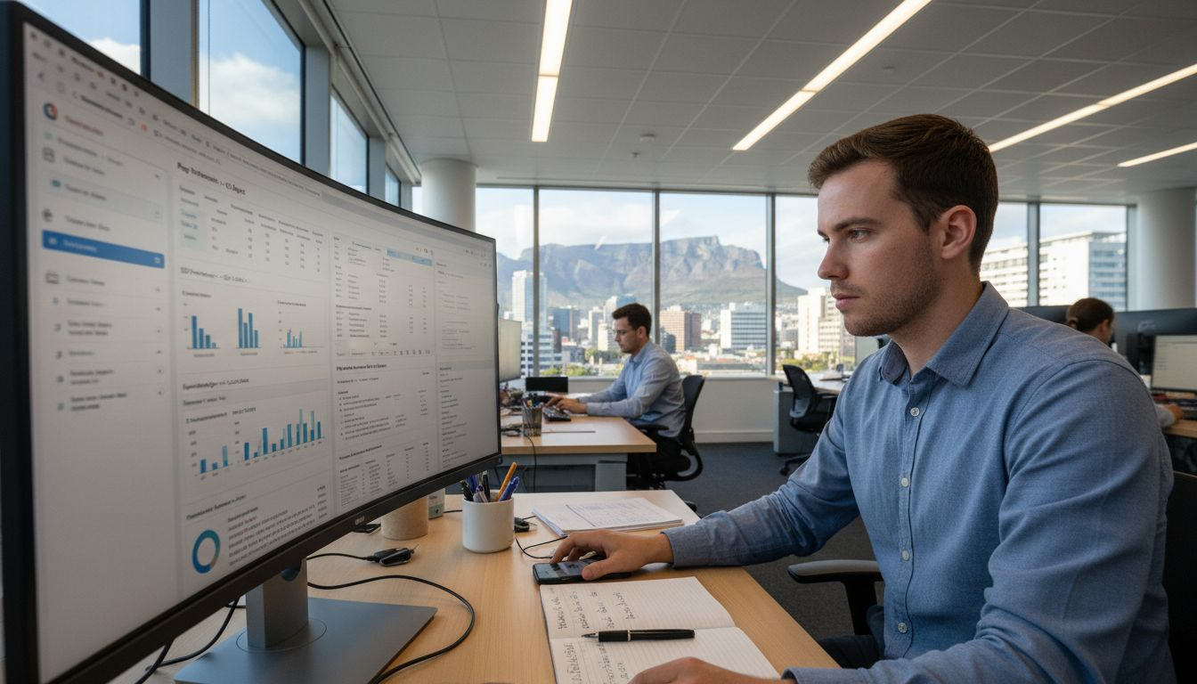 Marketer reviewing SEO audit in office setting