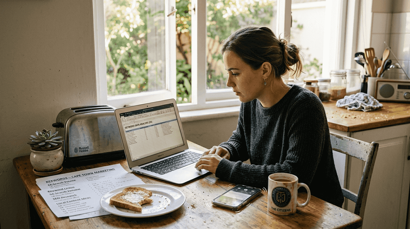 Woman researching keywords at kitchen table