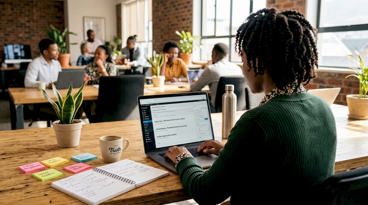 Businesswoman editing content for multiple locations