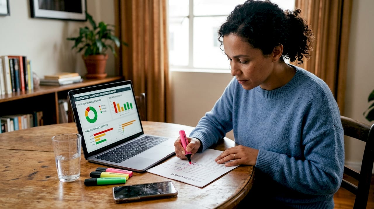 Woman comparing SEO checklist to audit dashboard