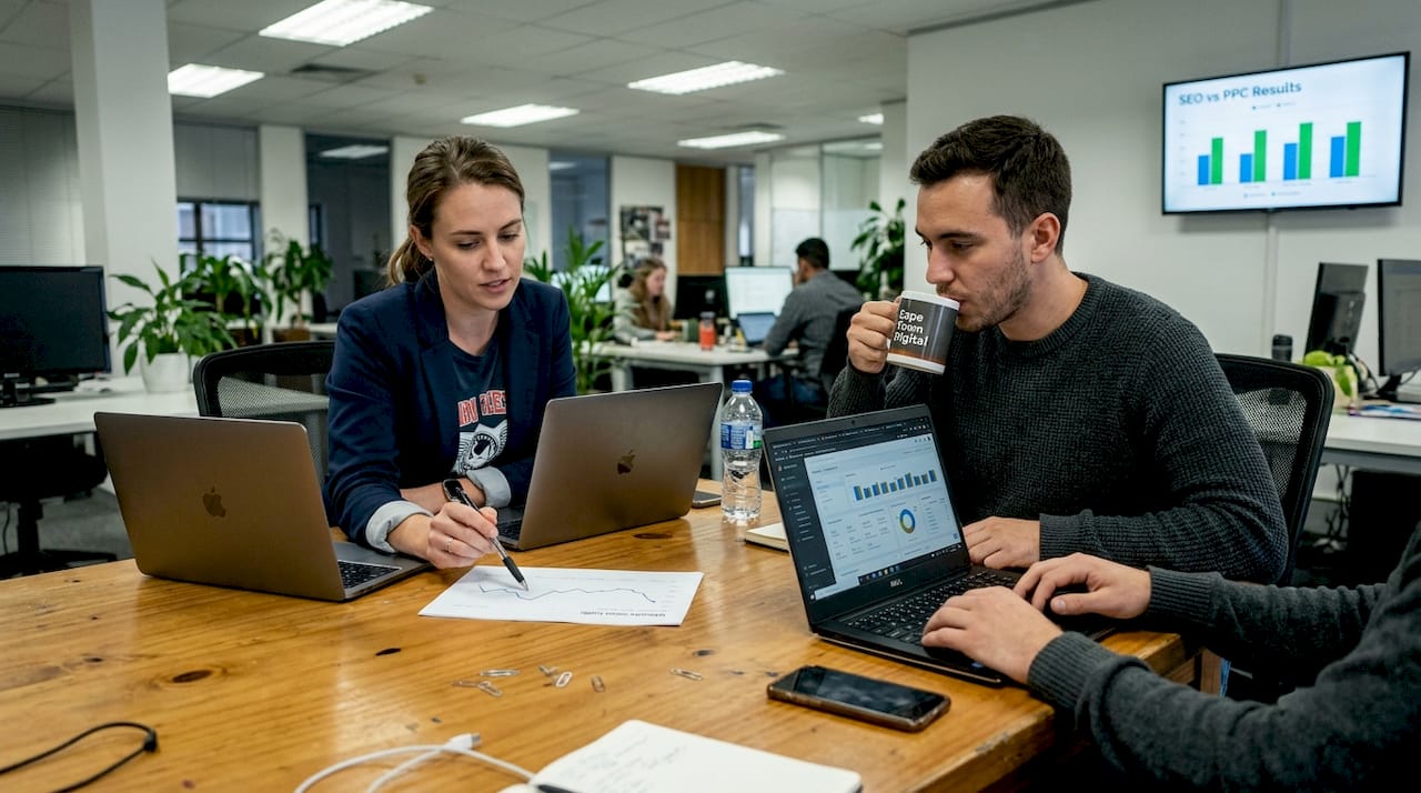 Team discussing SEO and PPC campaign results