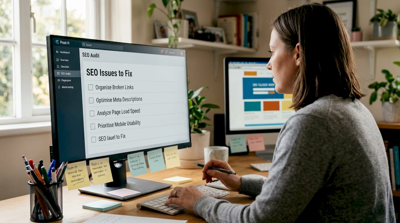 Website manager running SEO audit at home desk