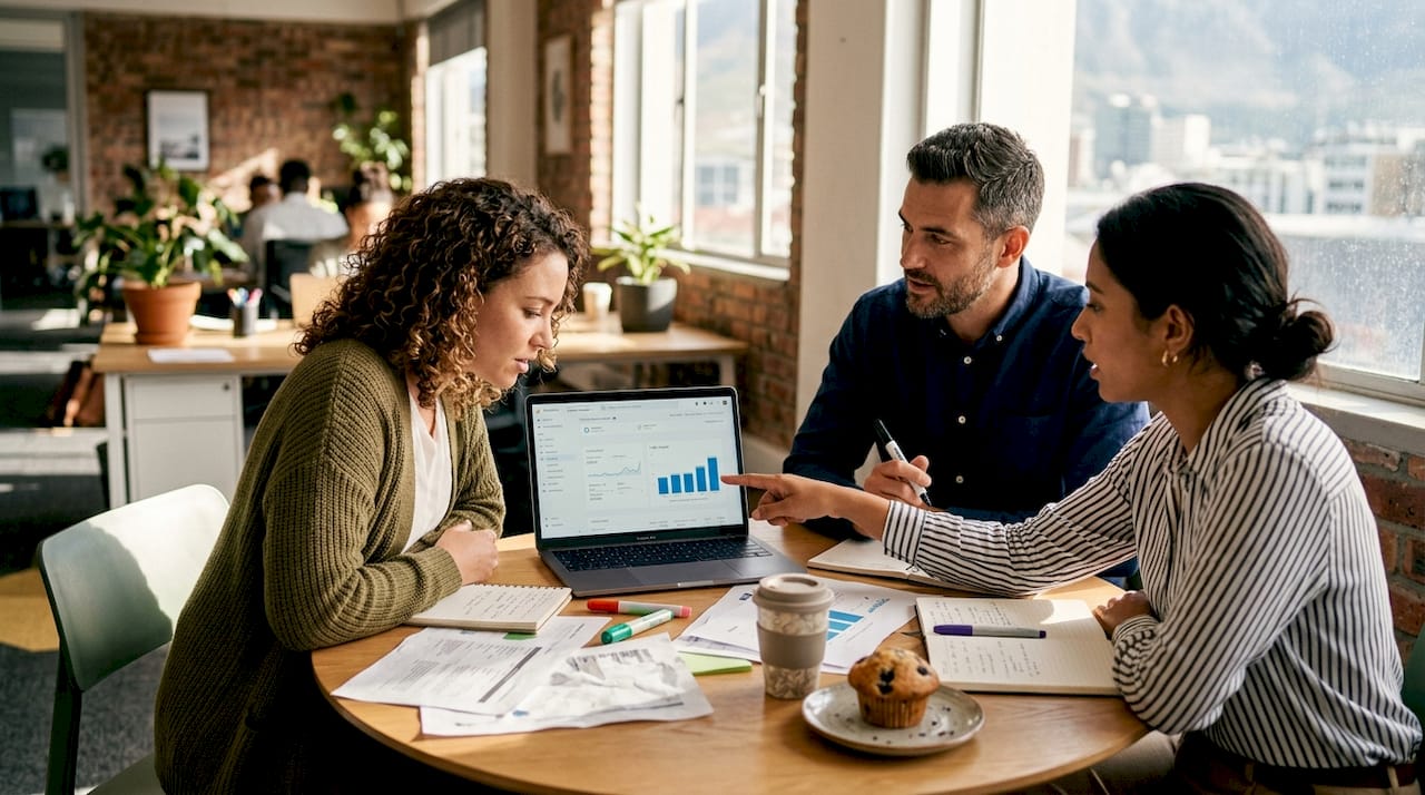 Team reviews SEO results with analytics charts