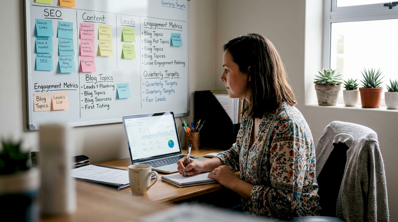 Marketer brainstorming digital campaign strategies