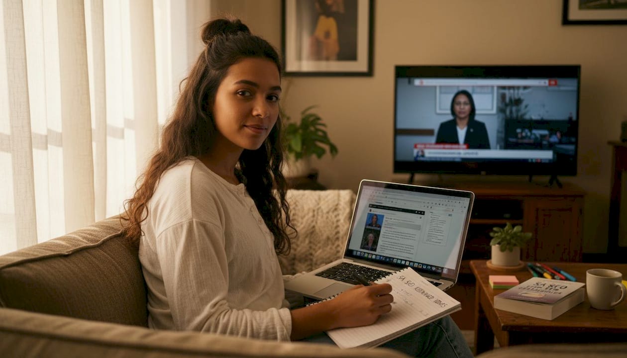 Woman researching local keywords for SEO