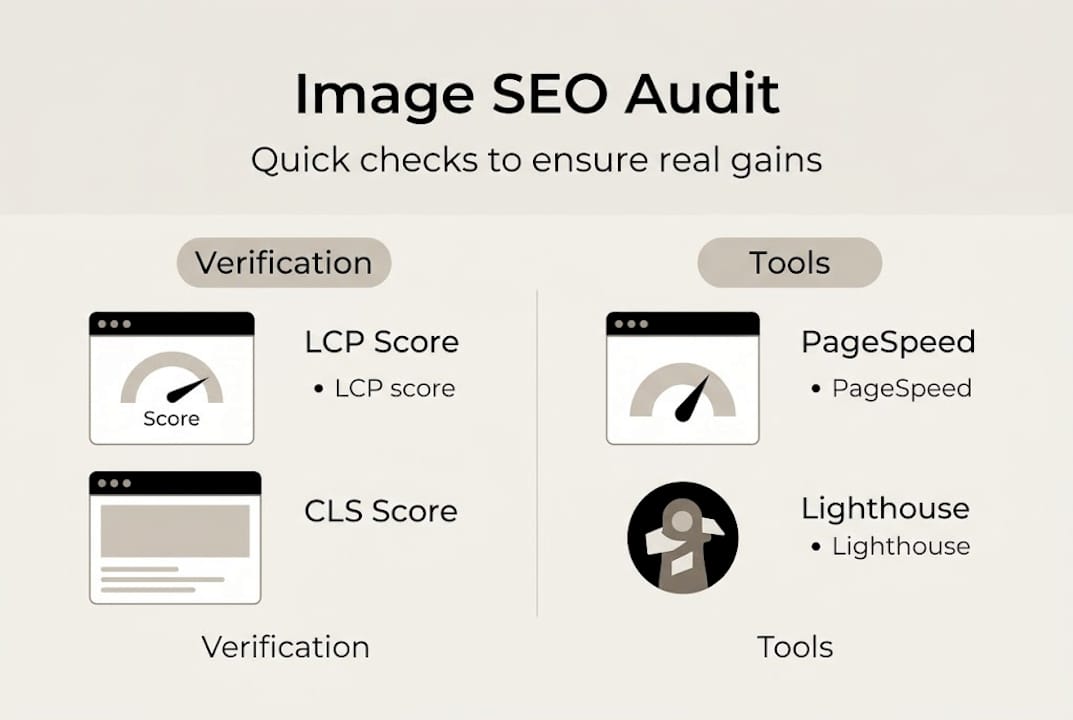 Infographic verifying key image SEO metrics and tools