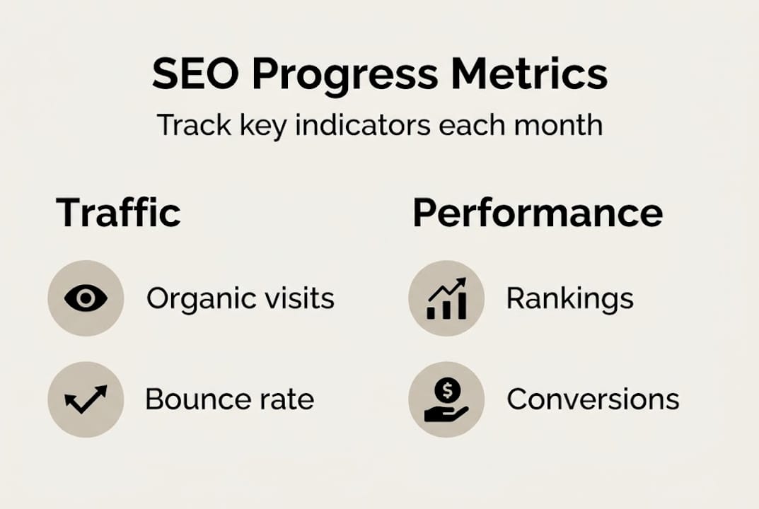 Infographic showing SEO progress metrics and categories