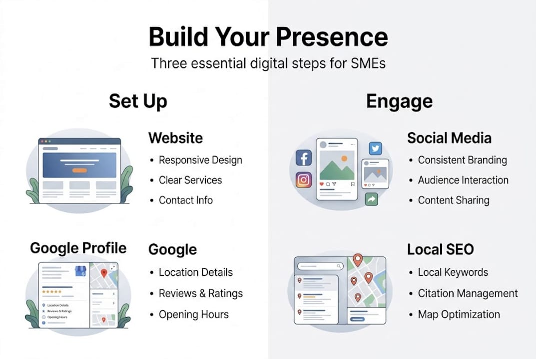 Infographic showing steps to build digital presence