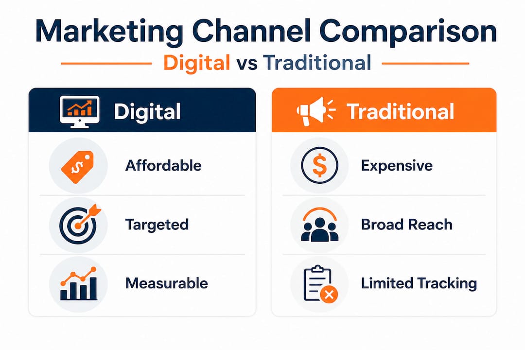 Digital versus traditional marketing comparison infographic