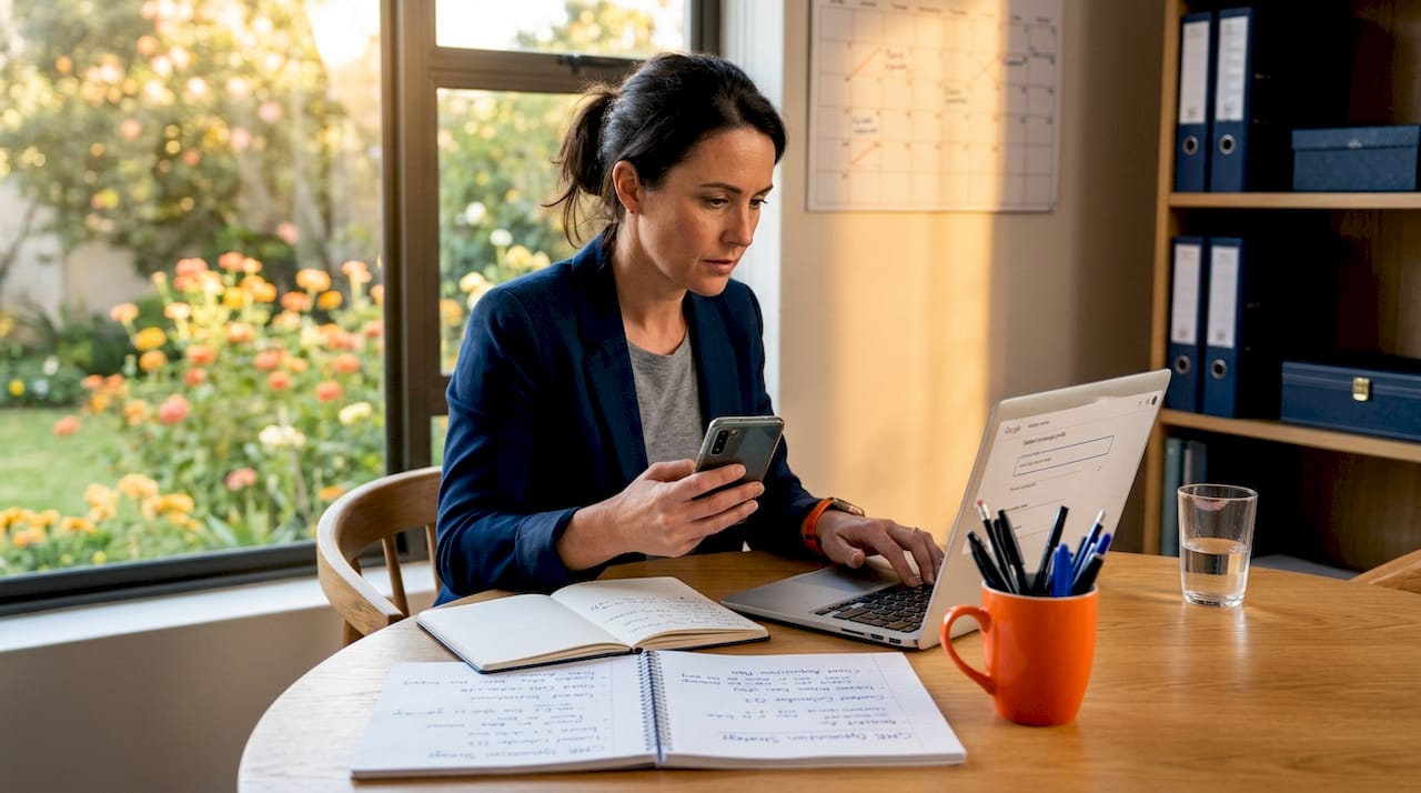 Entrepreneur manages business online in home office