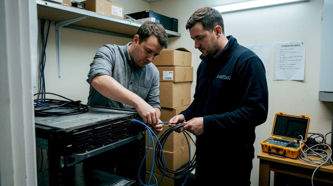 Engineers setting up hybrid cloud server room