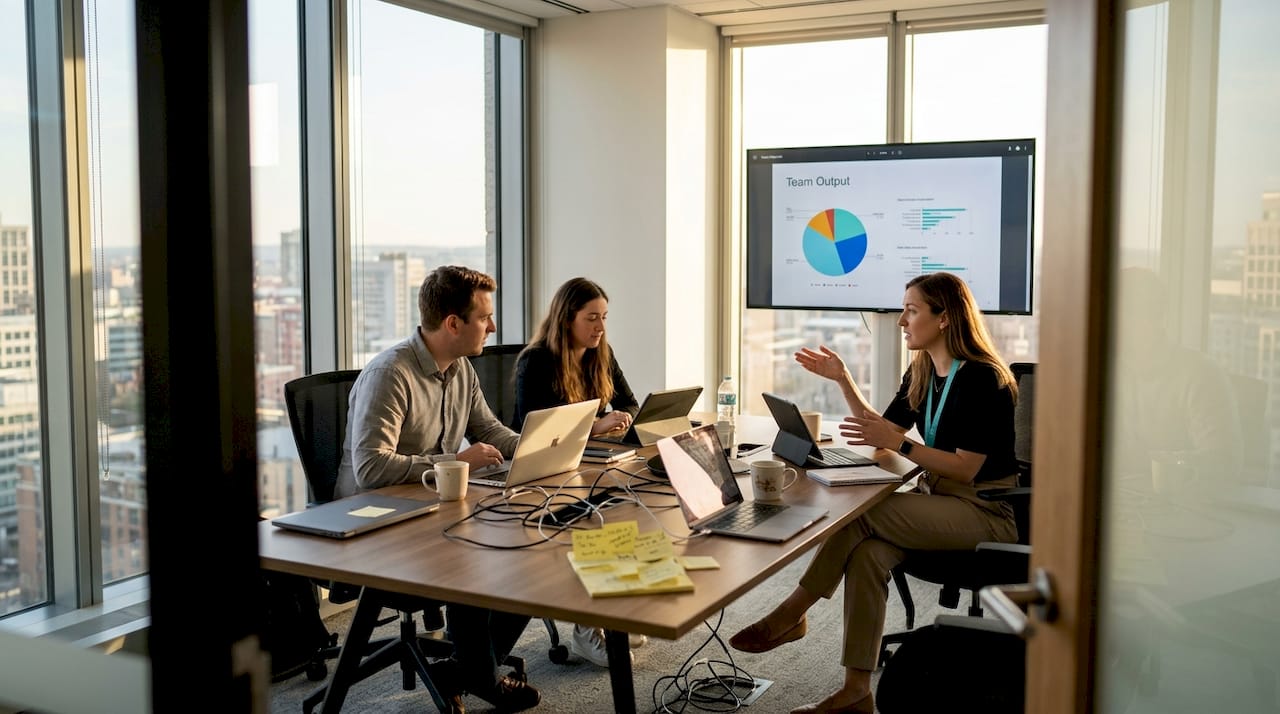 Team collaborating using digital tools in meeting