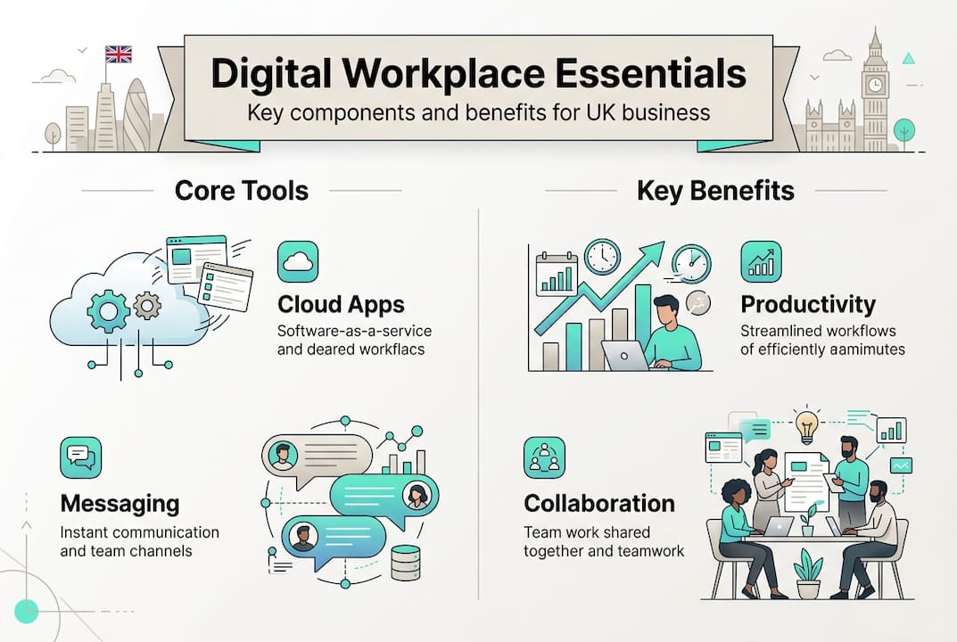 Infographic on digital workplace components and benefits
