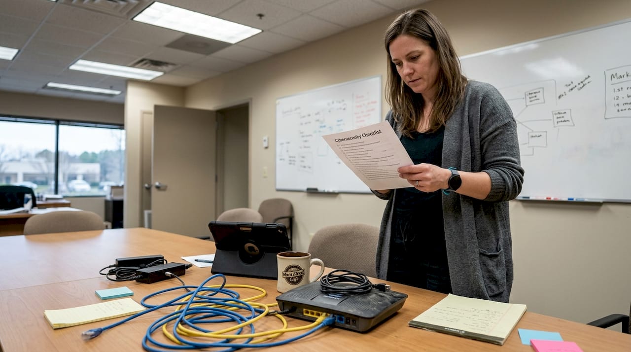 Consultant reviewing cybersecurity checklist at meeting table