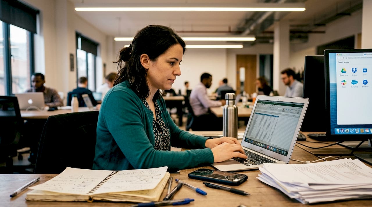 Office worker using cloud tools in SME setting