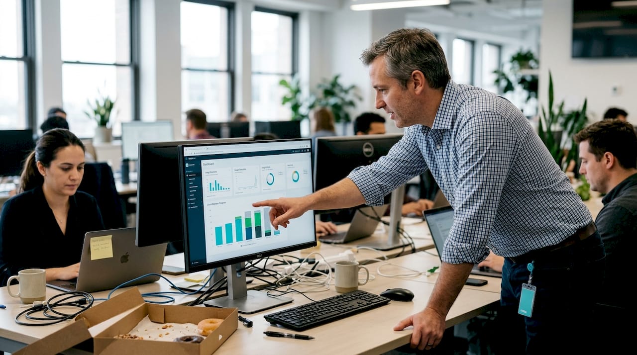 IT team reviews cloud migration stats together