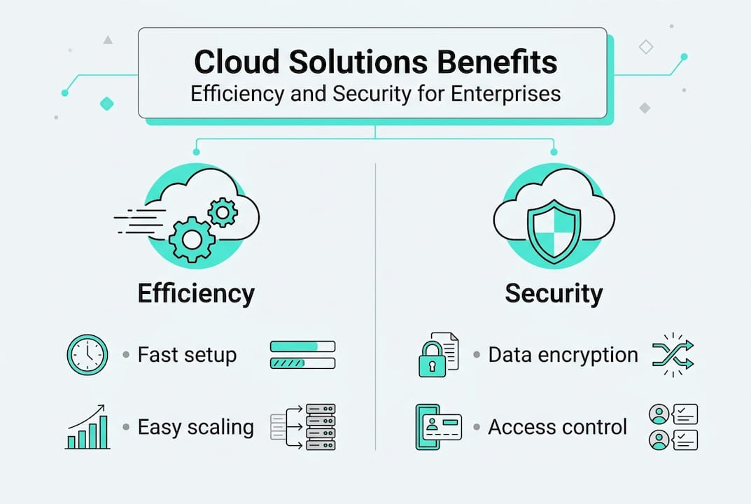 Infographic with cloud benefits: efficiency, security