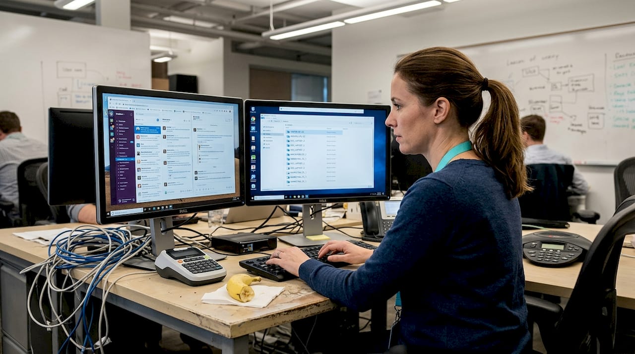 Open workspace with many monitoring screens and cables