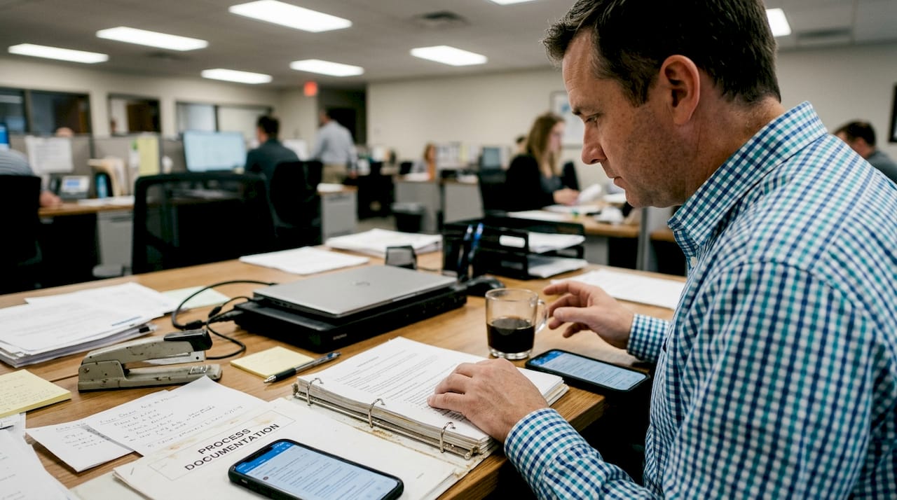 Manager reviewing process binder at desk
