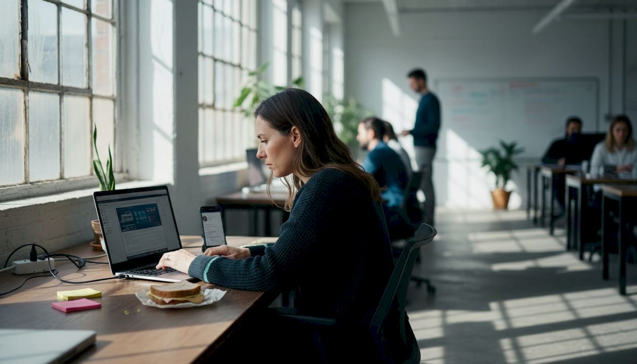 Woman managing cloud dashboard in busy workspace