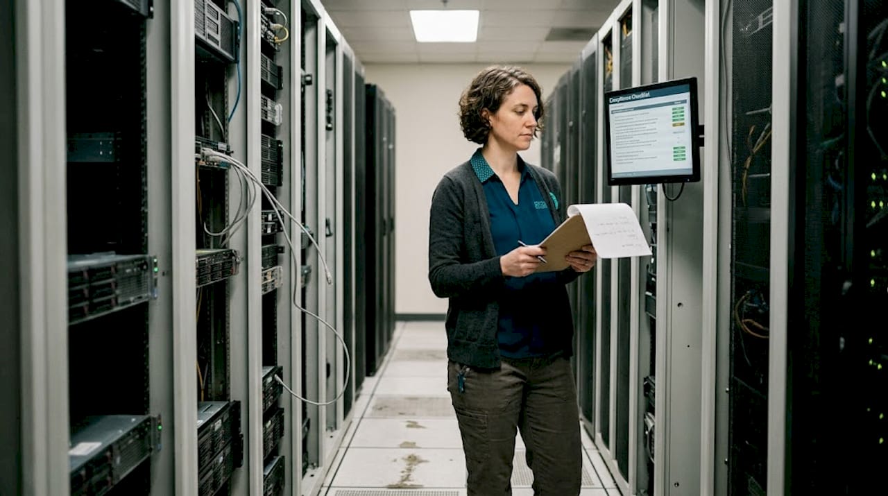 IT specialist reviewing data in server room