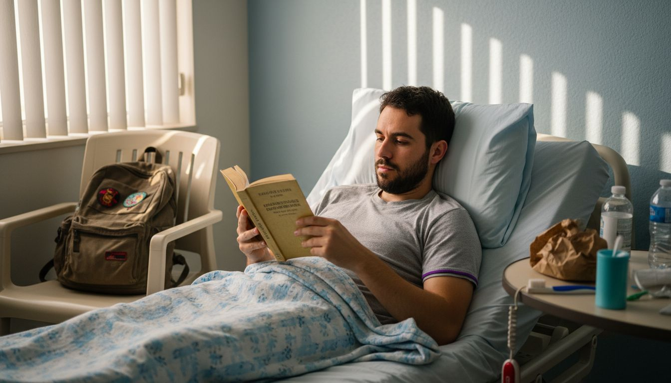 Employee in hospital room with personal items