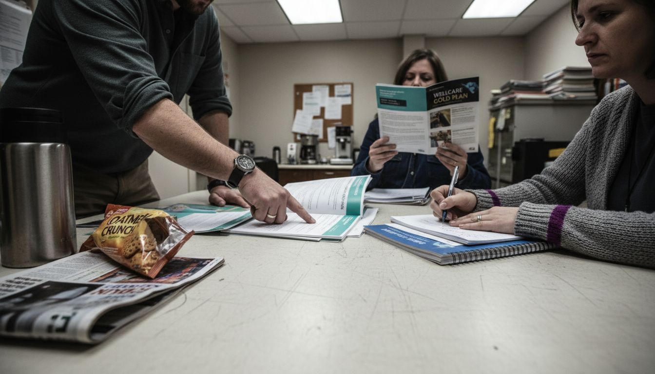 Workers comparing HMO plan brochures