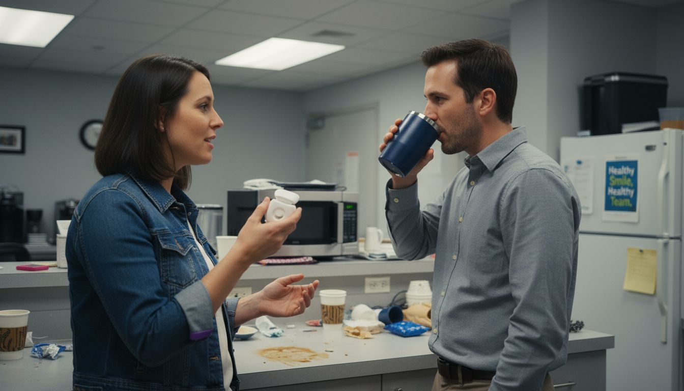 Coworkers discuss dental health in breakroom