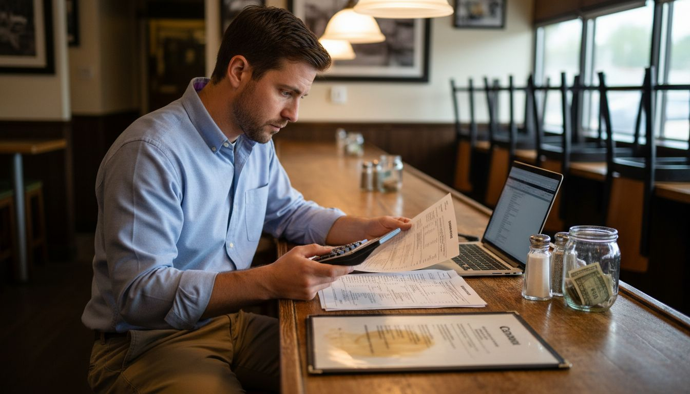Restaurant manager calculating insurance expenses