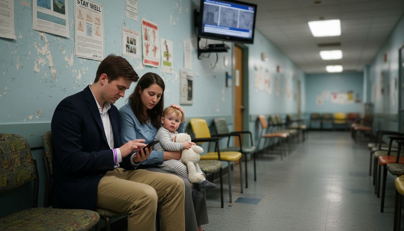 Family in hospital waiting room, comforting child