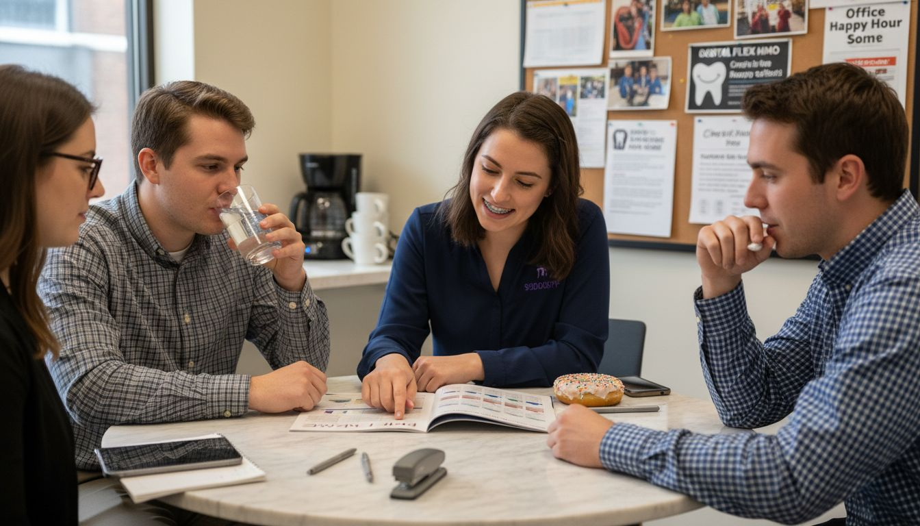 Employees discuss dental HMO options together