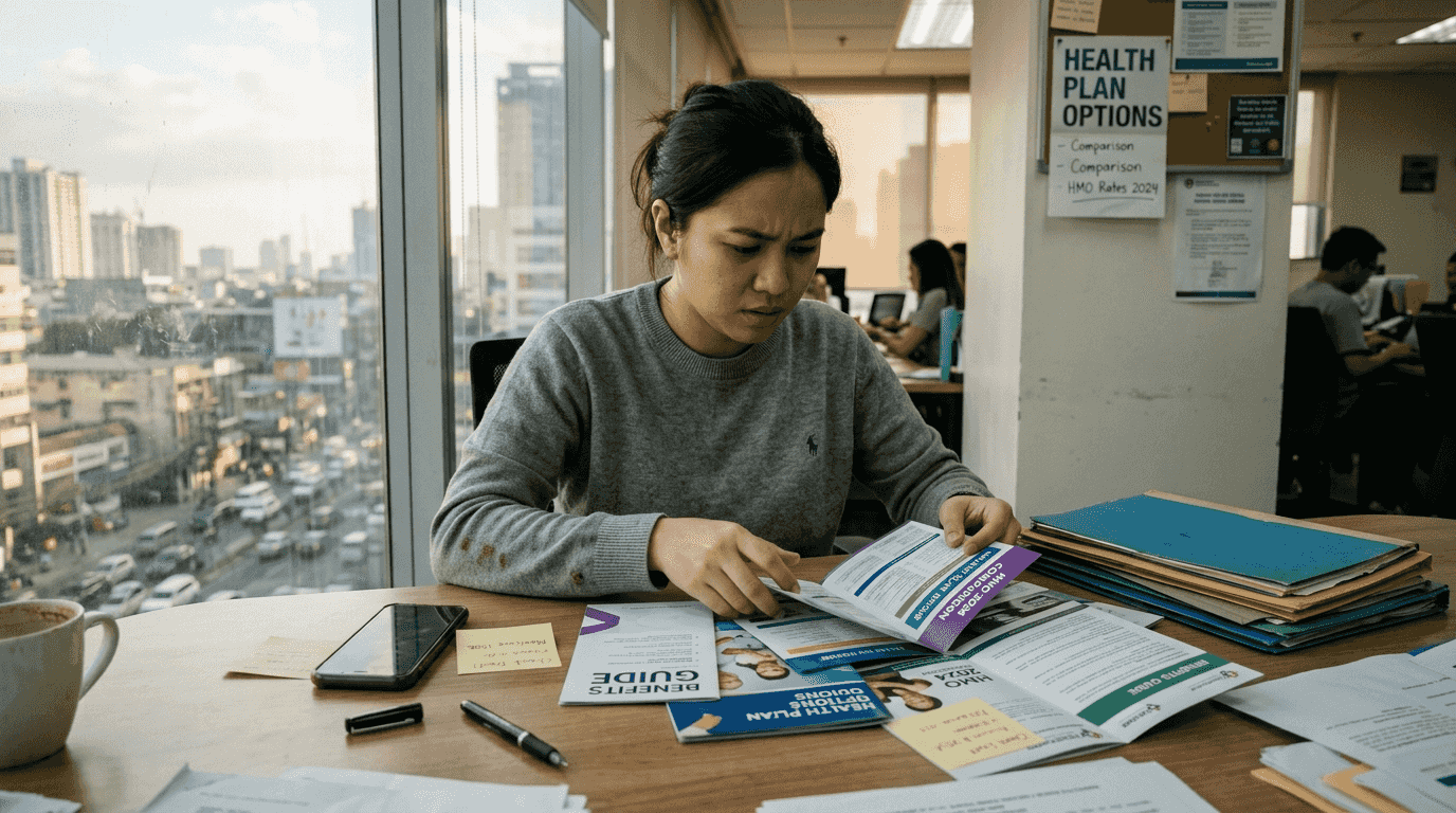 HR manager reviews HMO health insurance brochures