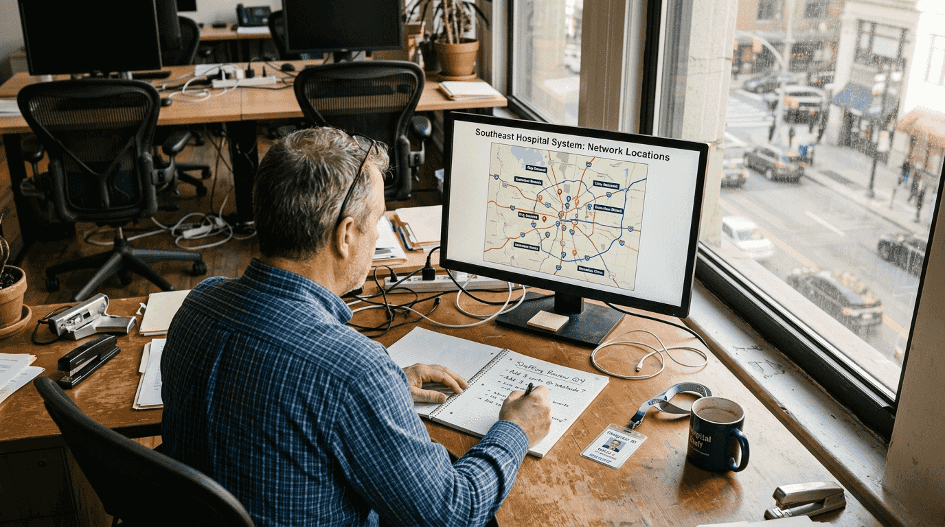 HR manager reviewing hospital network map