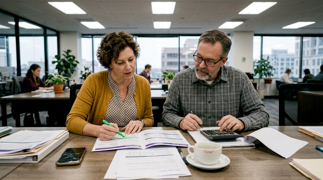 Business owners review HMO plan brochures together