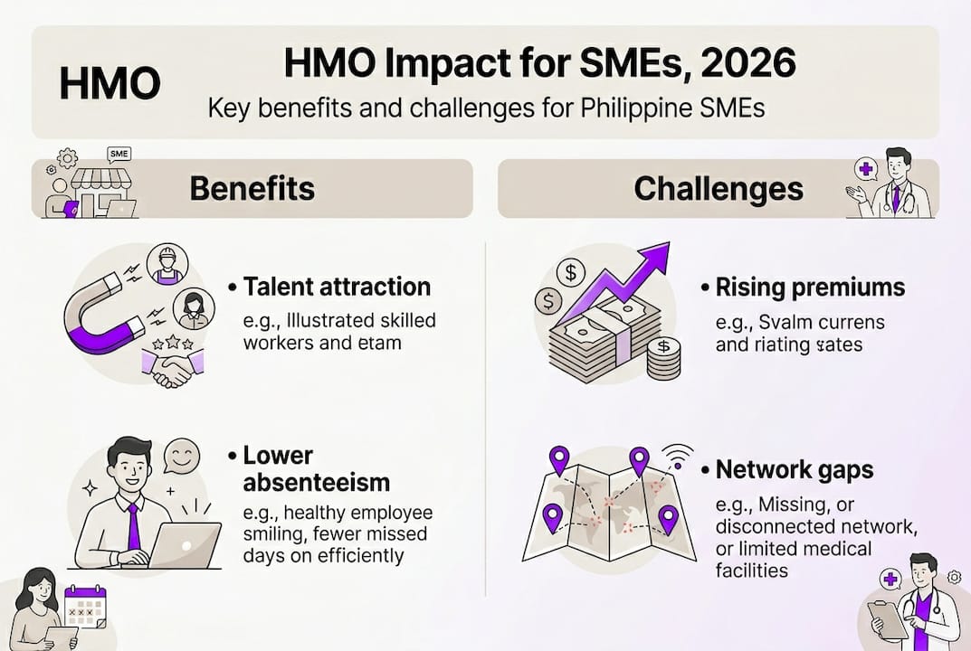 Infographic showing HMO benefits and challenges for SMEs