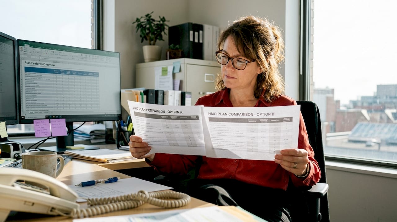 HR manager reviews HMO plan comparison documents
