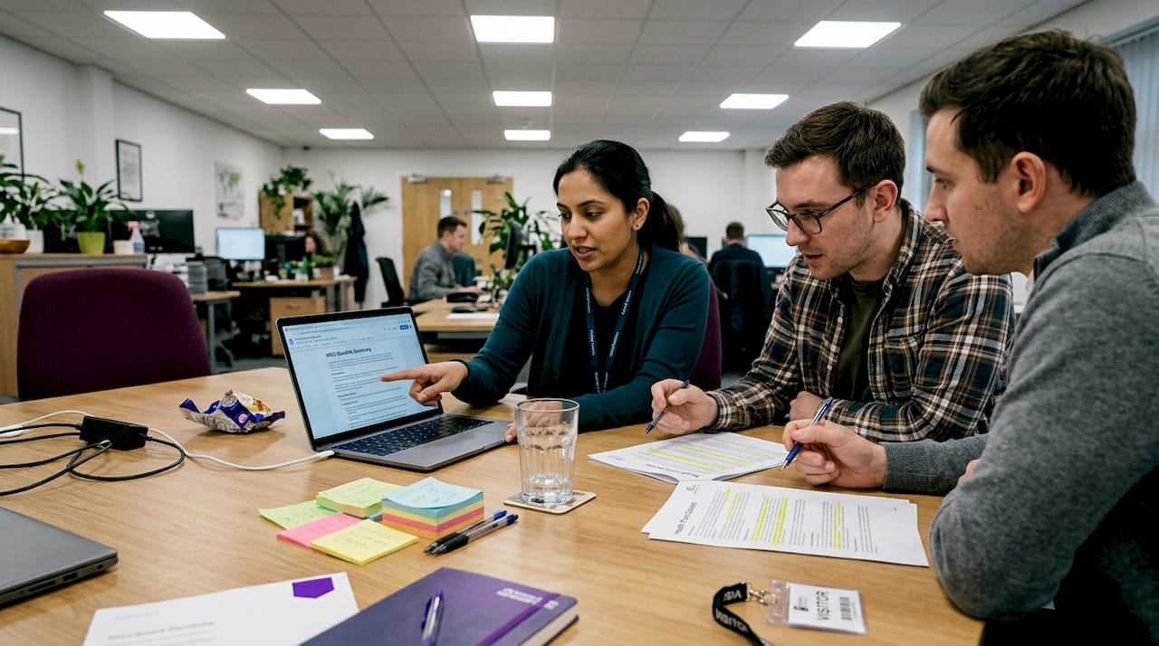 Staff reviewing HMO benefits at workspace table