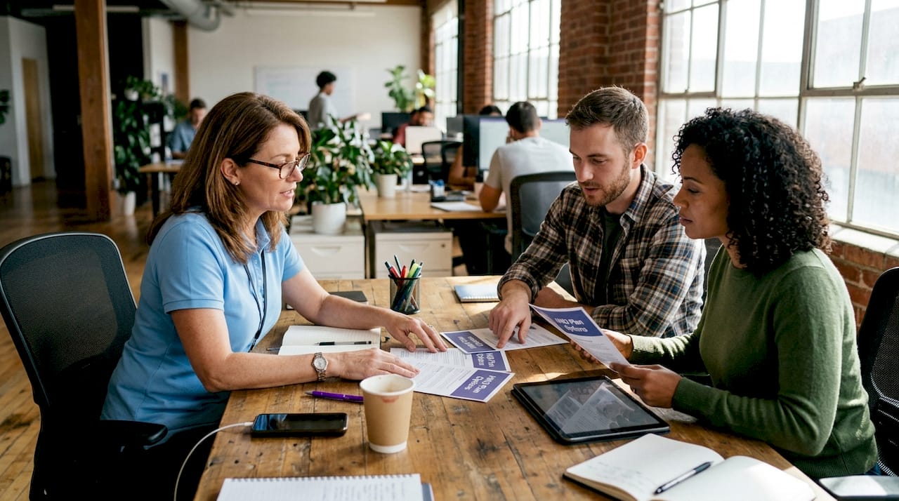 HR manager reviews HMO plans with employees