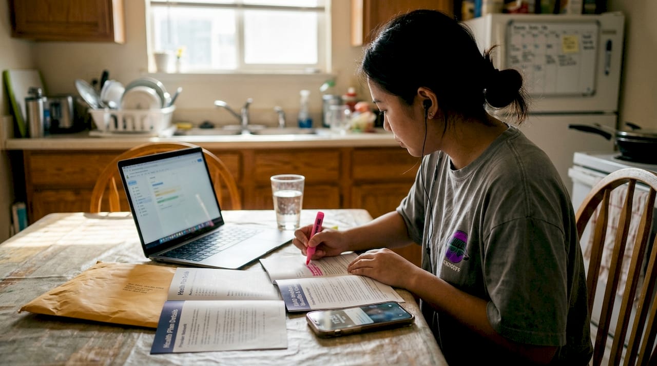 Employee highlights HMO benefits at kitchen table